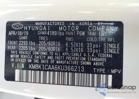 2019 Hyundai Kona Se from USA, damaged, VIN KM8K1CAA6KU366213